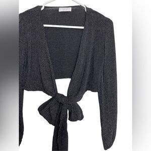 Flynn Skye Polka Dot Front Tie Cropped Long Sleeve Navy Blue & White Size Small